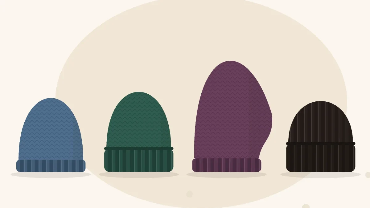 Illustration of four knitted hats in a row: a fitted beanie, a cuffed beanie, a slouchy beanie and a watch cap