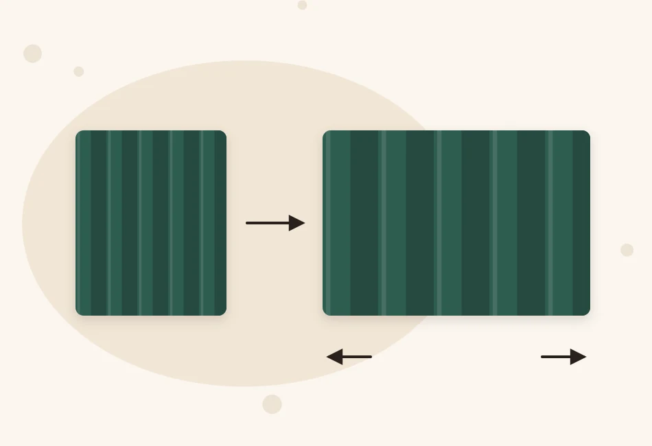 Illustration of a ribbed swatch shown twice: relaxed and narrow on the left, stretched wide on the right