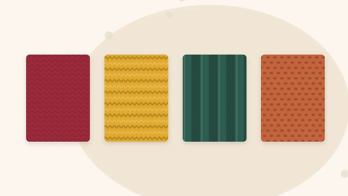 Illustration of four knitted swatches side by side in stockinette, garter stitch, ribbing and seed stitch