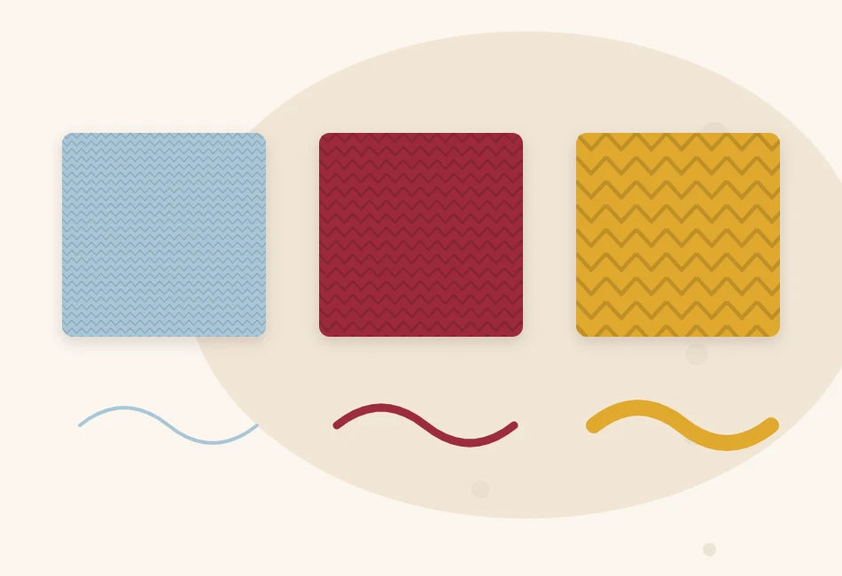 Illustration of three small knitted swatches in a row, from fine to chunky, each with a strand of the matching yarn beside it