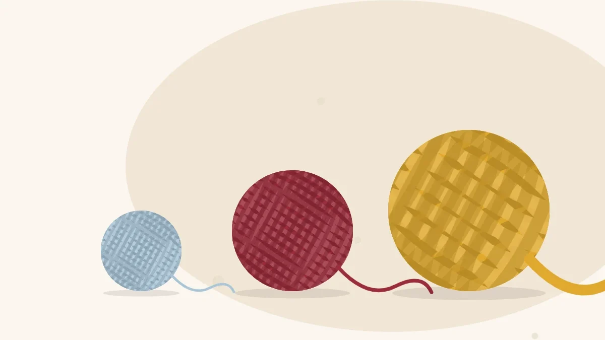 Illustration of three balls of yarn in a row, each thicker than the one before