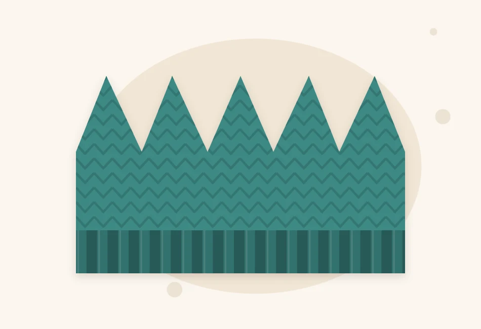 Illustration of a flat chunky knitted hat piece with a ribbed lower edge and a top edge that narrows in steps where the crown decreases were worked