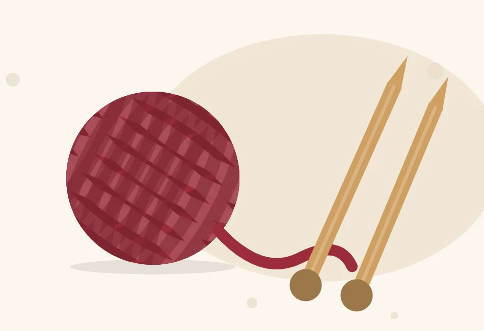 Illustration of a ball of super bulky yarn beside a pair of thick knitting needles
