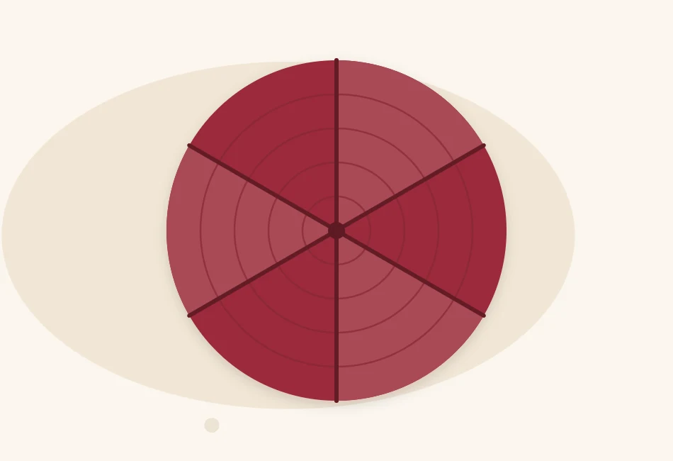 Illustration of a chunky hat crown seen from above, divided into six equal wedges that meet at the center