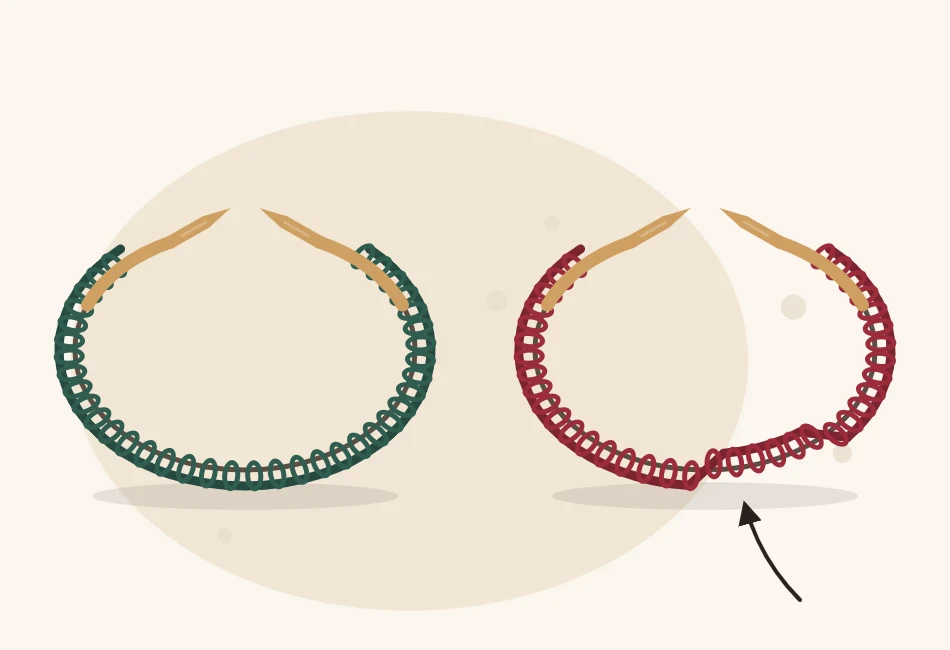 Illustration of two cast-on rings on circular needles, one with the edge lying flat all the way around and one with a twist in it