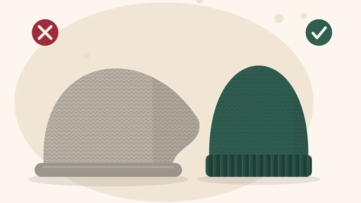 Illustration of an oversized, floppy knitted hat beside a neat, well-fitting one