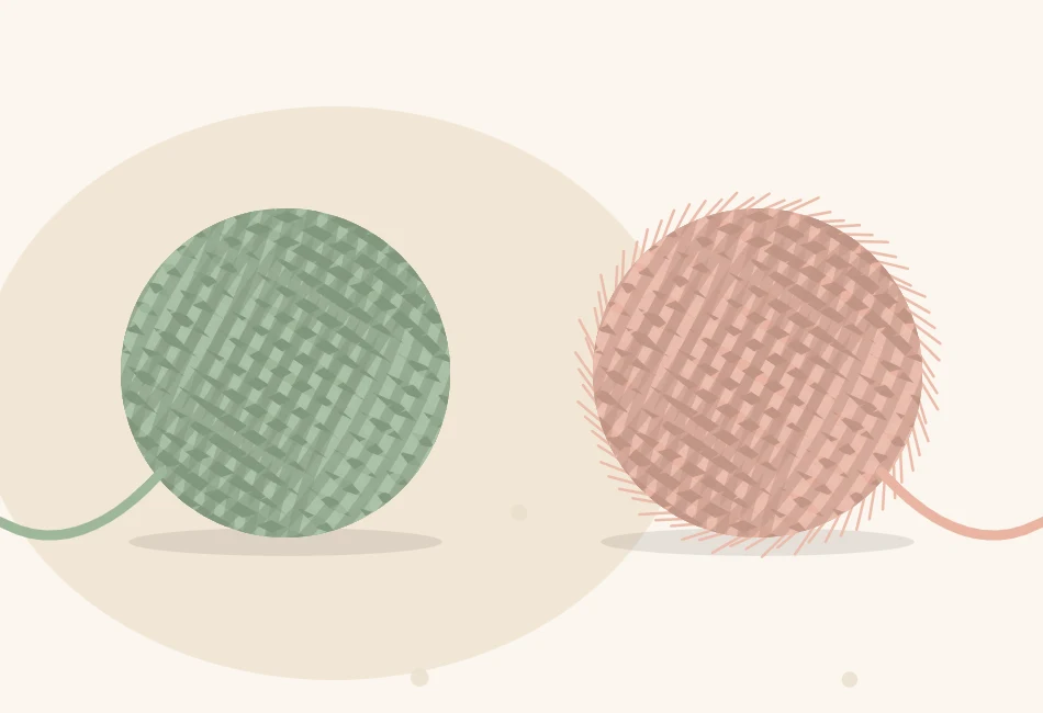 Illustration of a smooth, tightly plied ball of cotton yarn beside a fuzzy, lofty ball of wool yarn