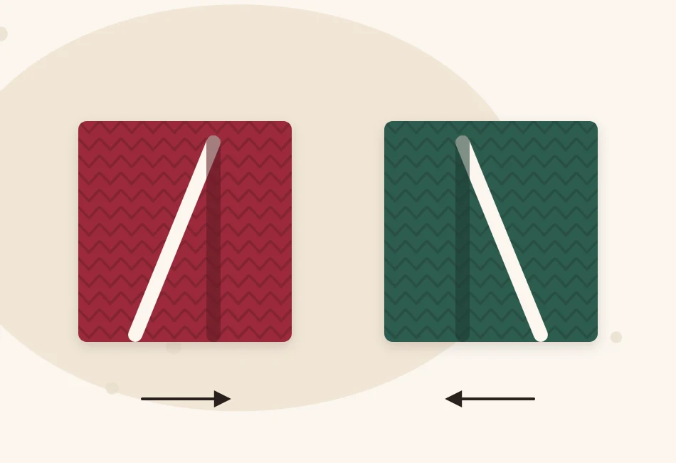 Illustration of two knitted decreases side by side, one leaning to the right and one leaning to the left