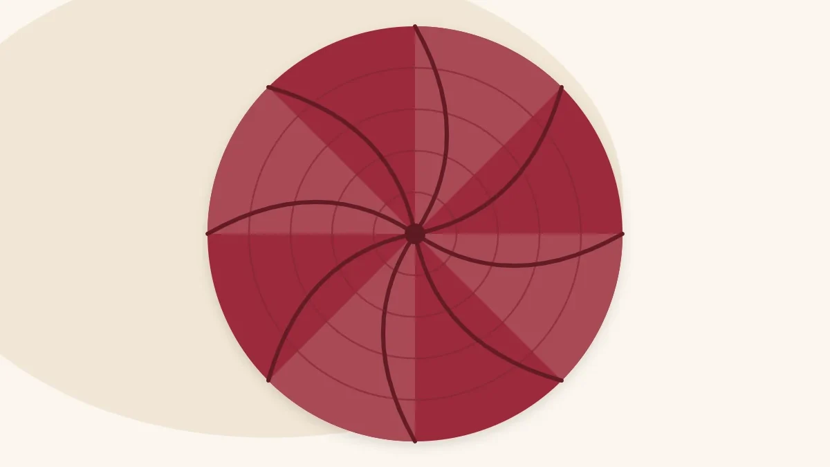Illustration of a knitted hat crown seen from above with decrease lines spiraling in toward the center