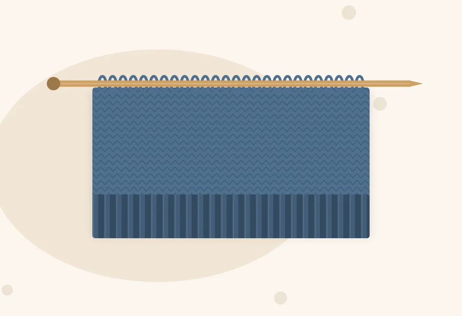 Illustration of a flat rectangular hat piece hanging from a straight knitting needle, with a band of ribbing along the bottom edge