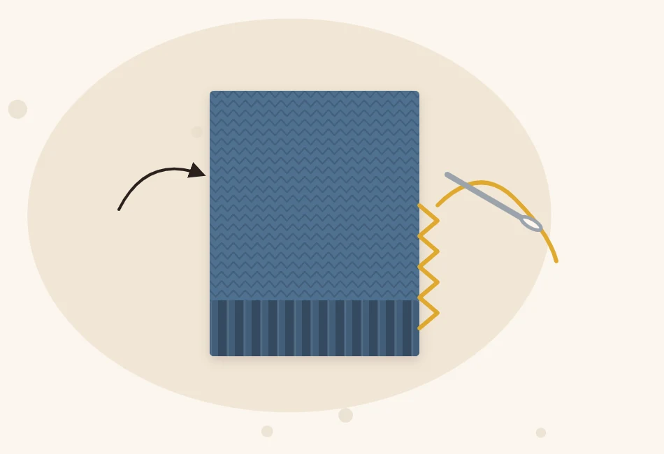 Illustration of the hat piece folded in half with a tapestry needle and yarn sewing the side seam closed