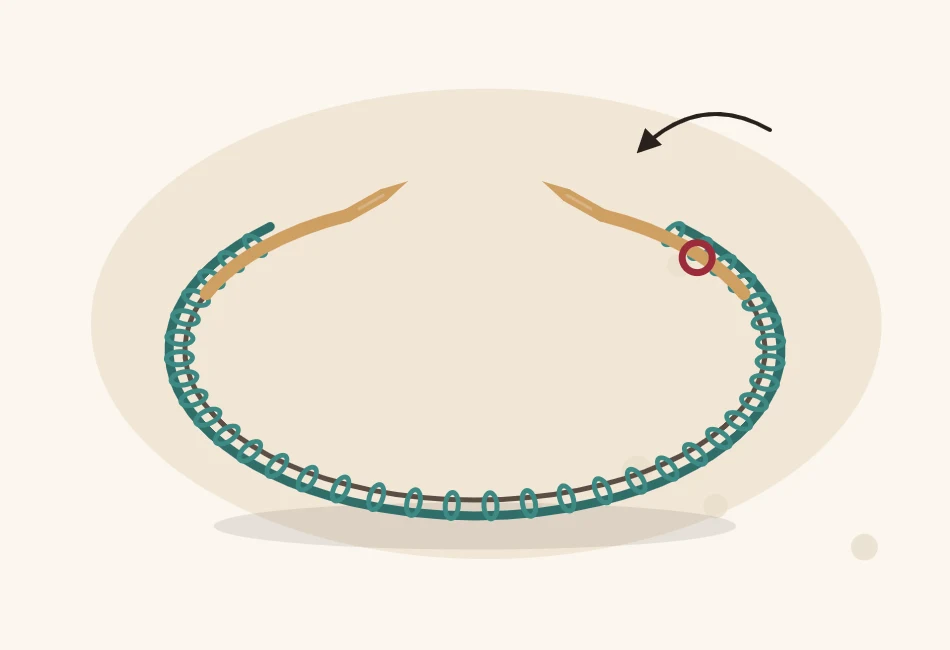 Illustration of stitches cast on and joined into a ring on a circular needle, with a stitch marker at the beginning of the round