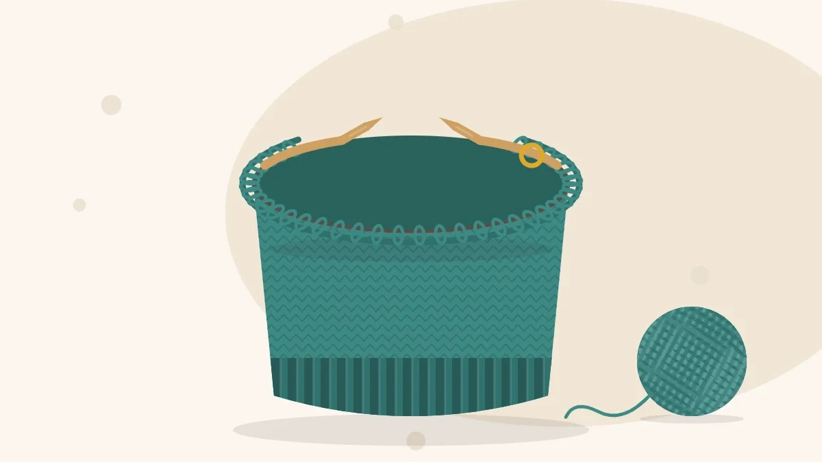 Illustration of a hat in progress, a knitted tube hanging from a circular needle