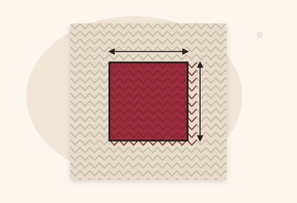 Illustration of a knitted swatch with a 4-inch window marked in the center and the stitches inside the window highlighted