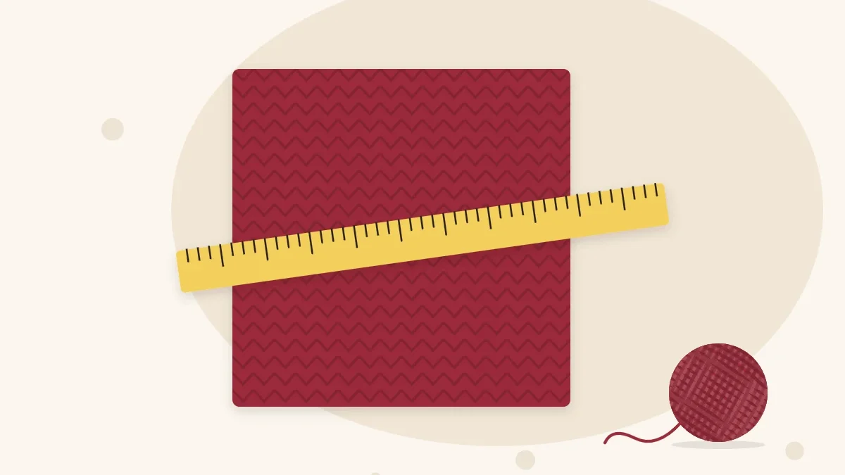 Illustration of a square knitted swatch with a ruler lying across its center