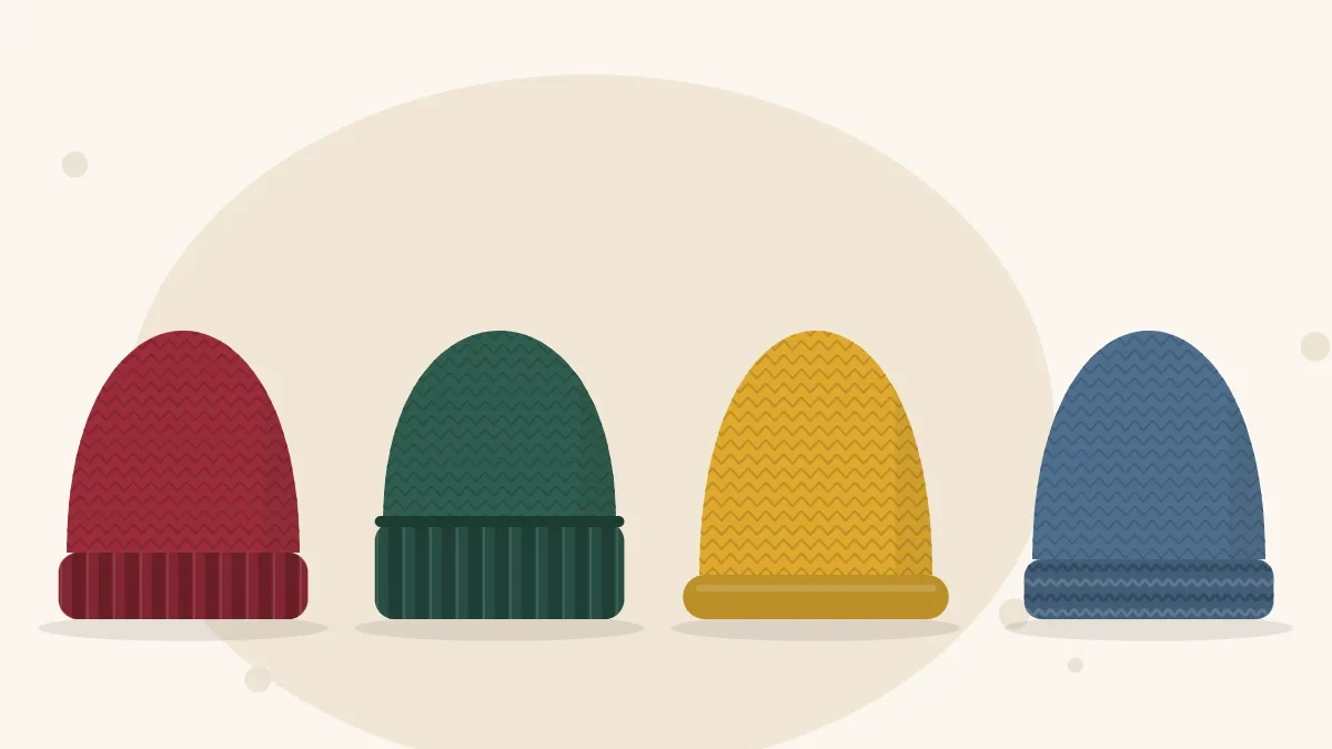 Illustration of four knitted hats in a row showing a ribbed brim, a folded brim, a rolled brim and a garter brim