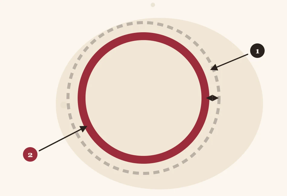 Illustration of two rings, a larger one for the head circumference and a smaller one inside it for the hat circumference, showing negative ease