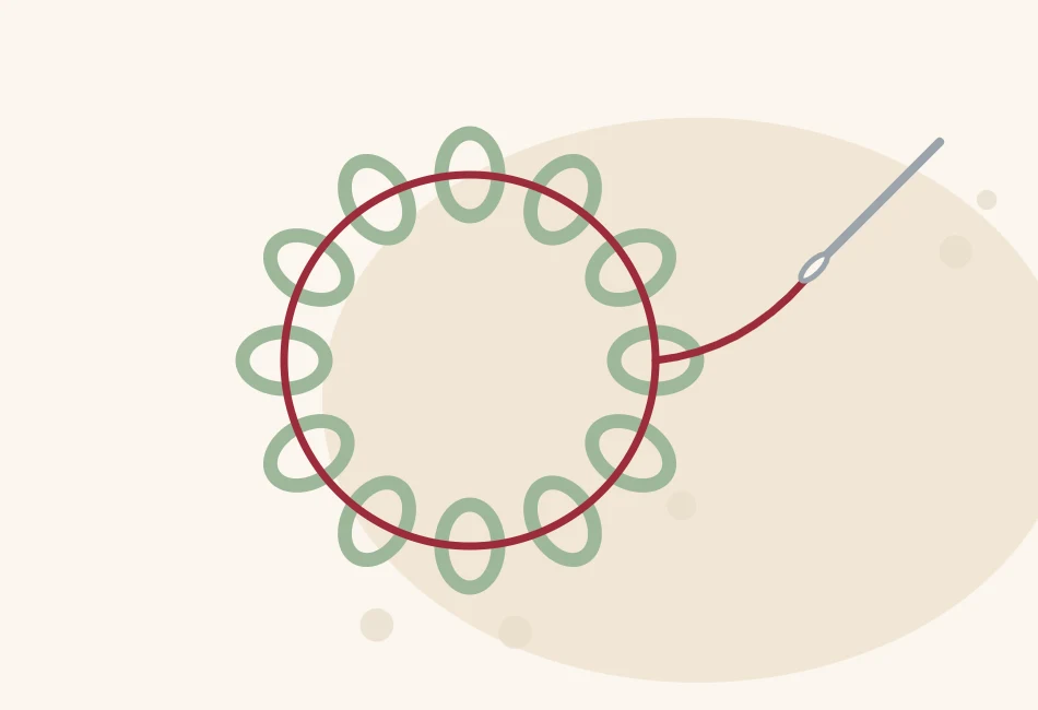 Illustration of a yarn tail on a tapestry needle threaded through the last ring of live stitches at the top of a hat