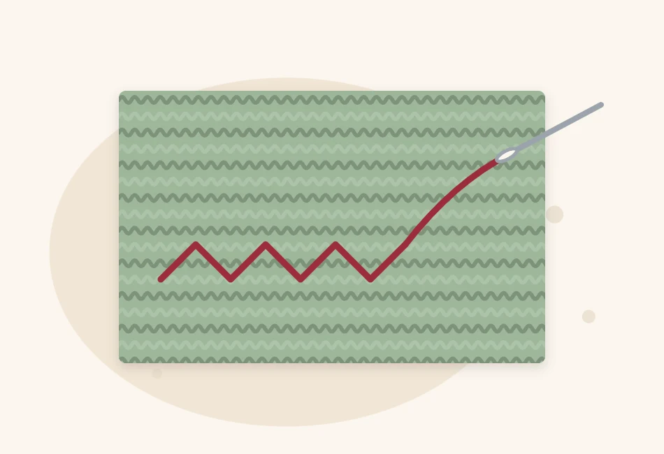 Illustration of a yarn end on a tapestry needle being woven diagonally under the purl bumps on the wrong side of knitted fabric