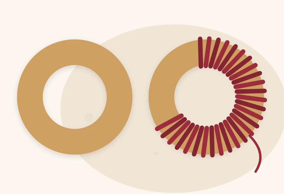 Illustration of two stacked cardboard rings wrapped in thick layers of yarn, with a small opening left at the center