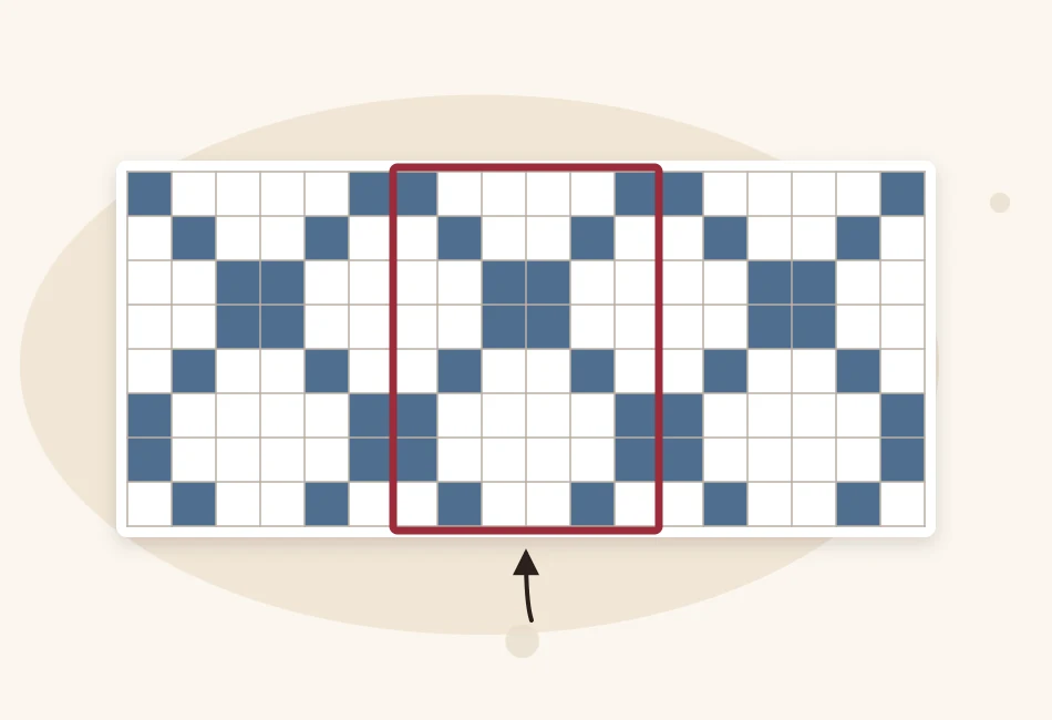 Illustration of a knitting chart drawn on a grid with one pattern repeat outlined by a bold box