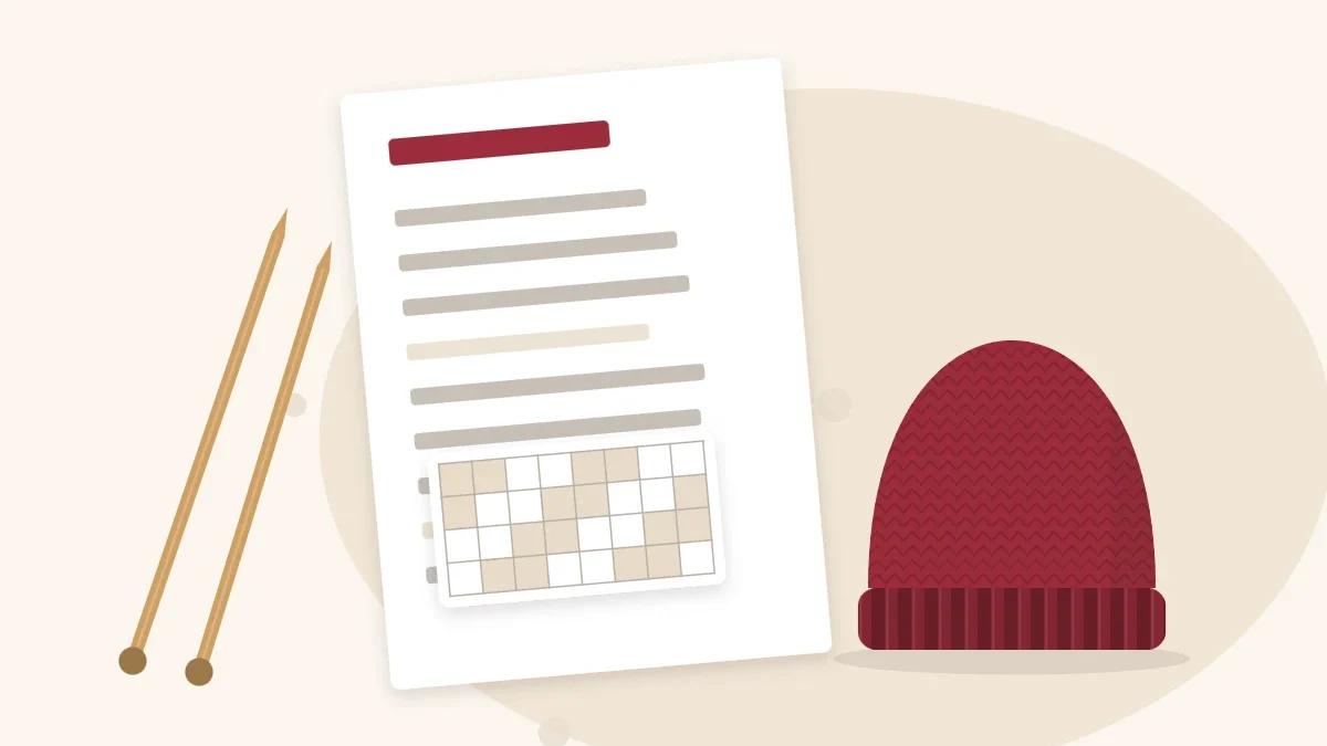 Illustration of a printed knitting pattern sheet lying beside a small knitted hat and a pair of needles