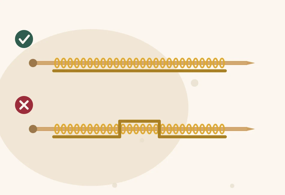 Illustration of two cast-on edges on circular needles, one lying straight along the inside of the needle and one twisted around it