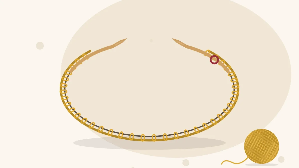 Illustration of a circular needle holding cast-on stitches joined into a ring, with a stitch marker at the join