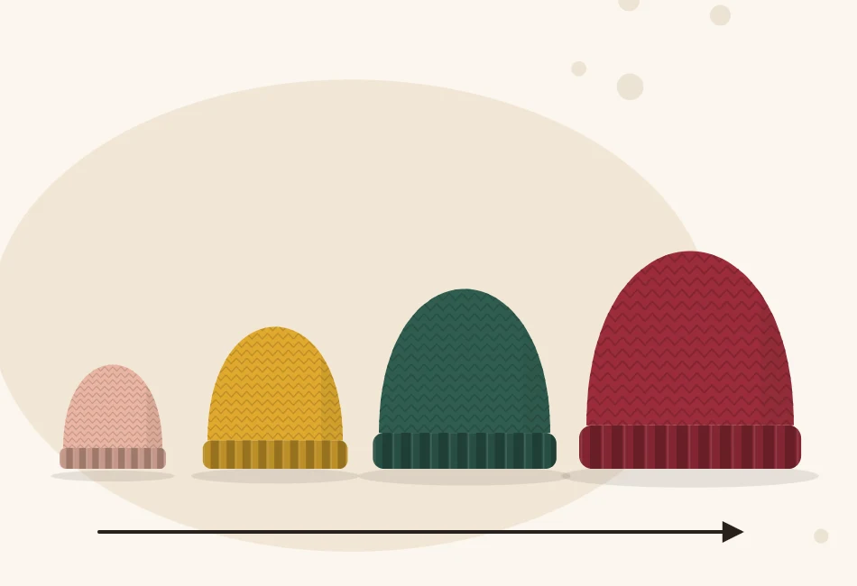 Illustration of a row of knitted hats increasing in size from a small baby hat to a large adult hat