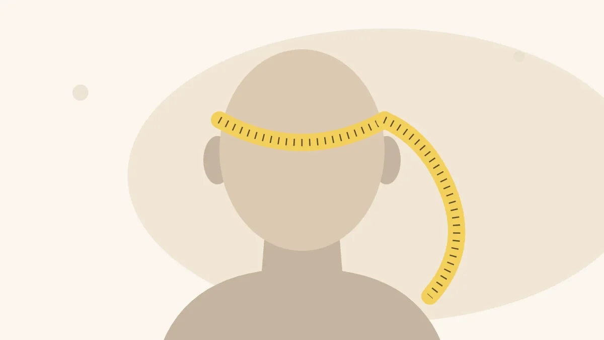 Illustration of a tape measure wrapped around the widest part of a head silhouette