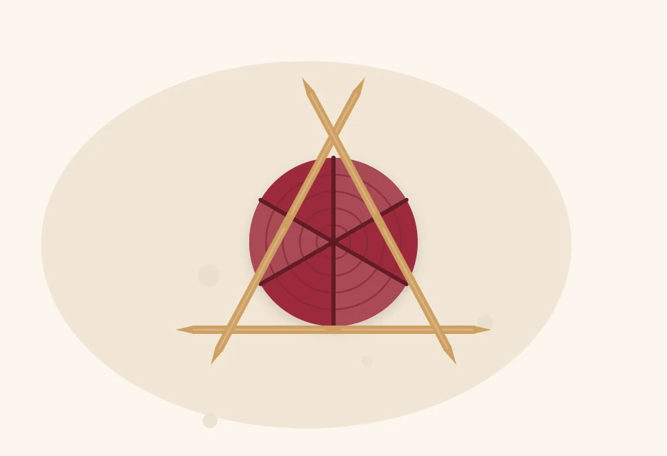 Illustration of a small hat crown held on three double-pointed needles arranged in a triangle