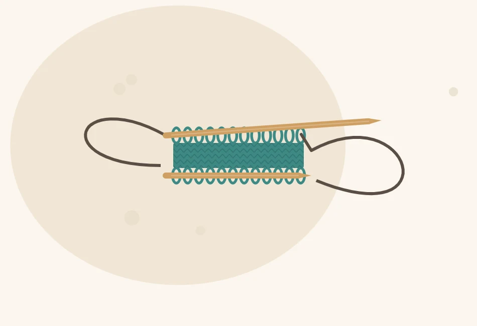 Illustration of a long circular needle set up for magic loop, with the stitches in two halves and a loop of cable pulled out at each side