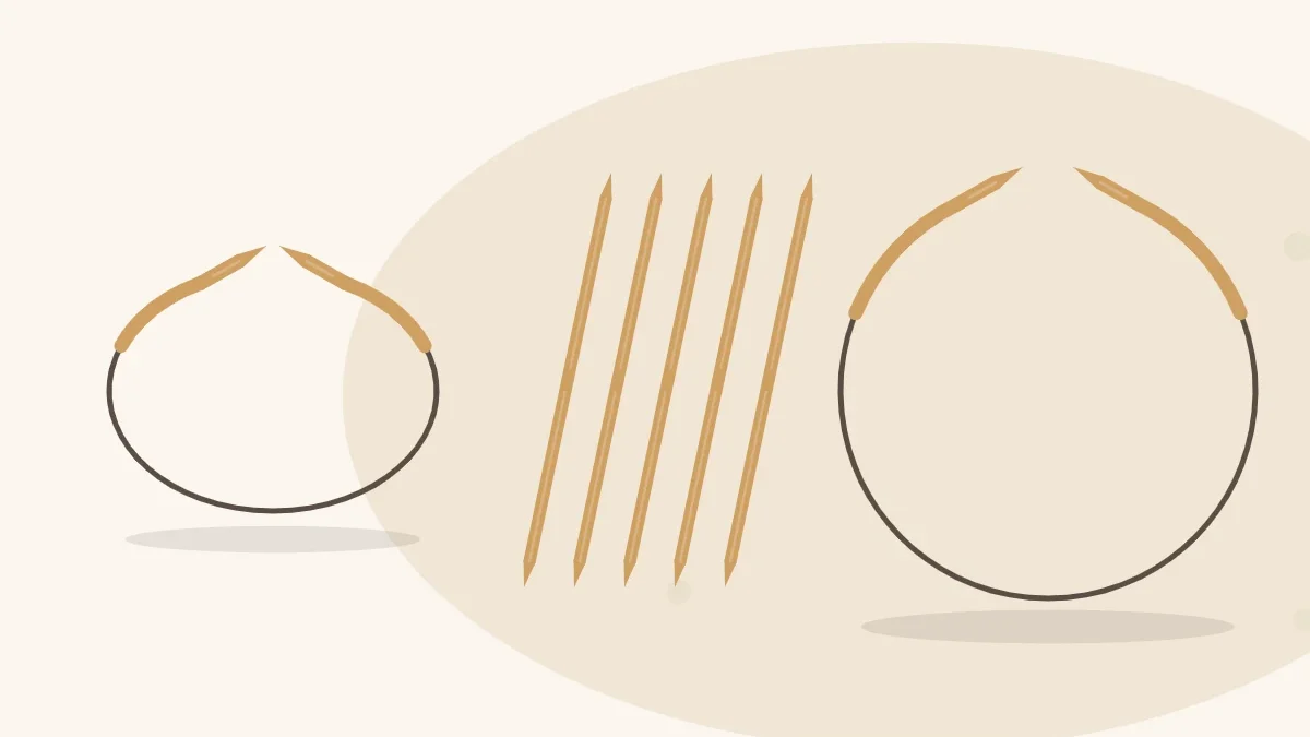 Illustration of a short circular needle, a set of double-pointed needles and a long circular needle laid side by side