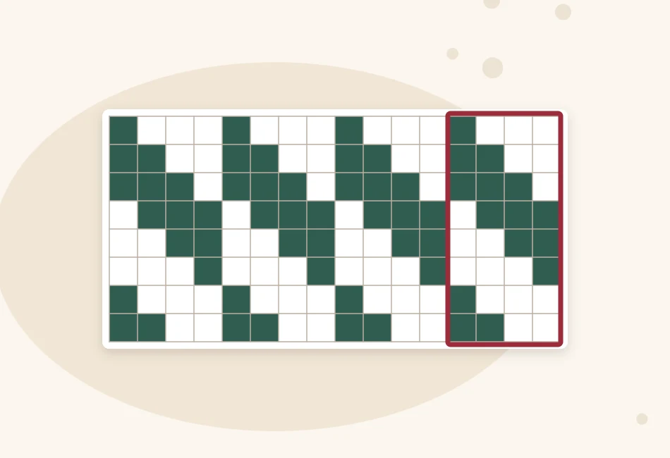 Illustration of a small colorwork chart drawn on a grid, four stitches wide, with filled and empty squares forming a small diamond between two solid lines
