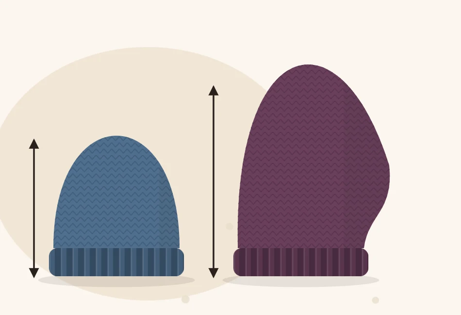 Illustration of a fitted beanie and a taller slouchy beanie side by side, with a vertical marker beside each showing its height
