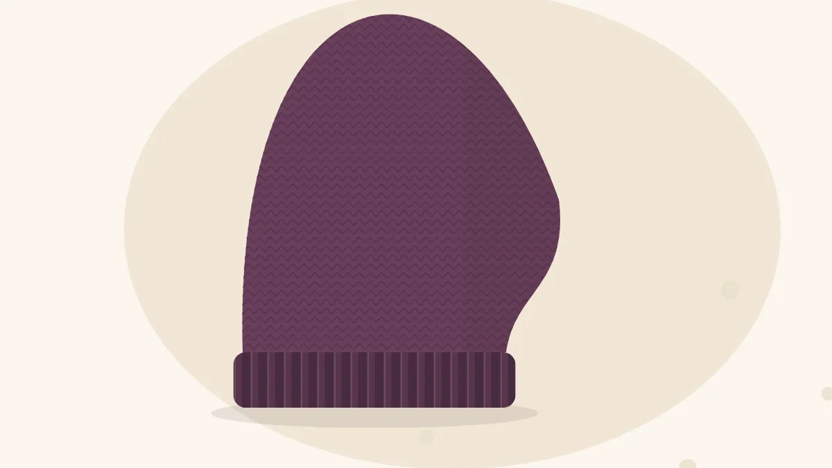 Illustration of a slouchy knitted beanie with relaxed extra length falling toward the back