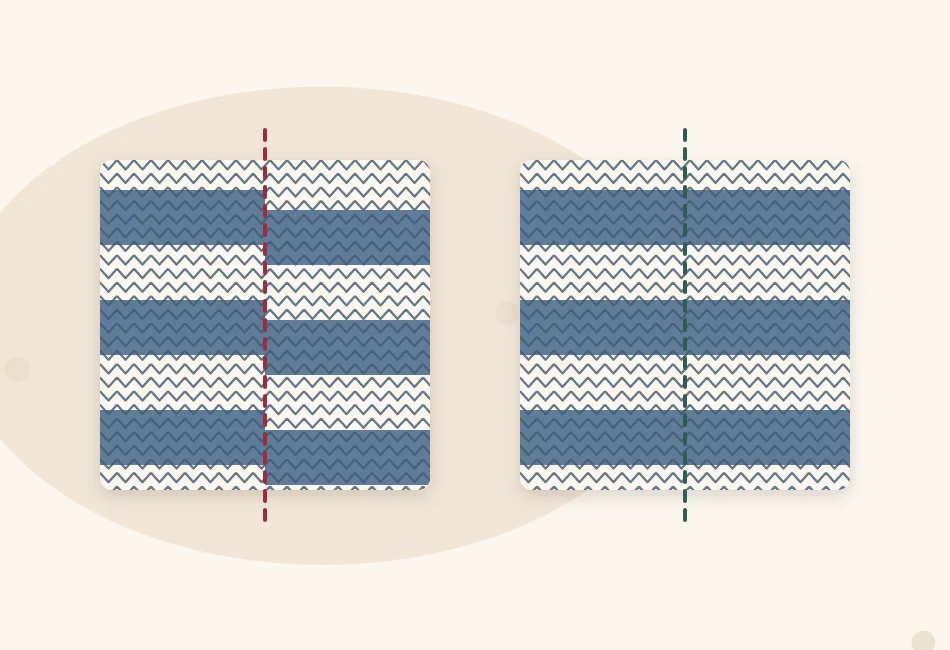 Illustration of two stripe joins side by side, one with a visible step where the color changes and one where the stripe meets smoothly