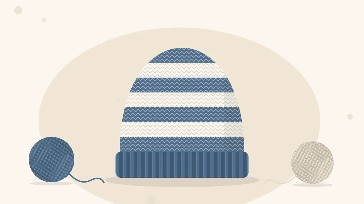 Illustration of a knitted beanie with even horizontal stripes in two colors